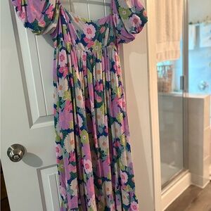 Pink and Purple Smocked Midi Dress with Puff Sleeves